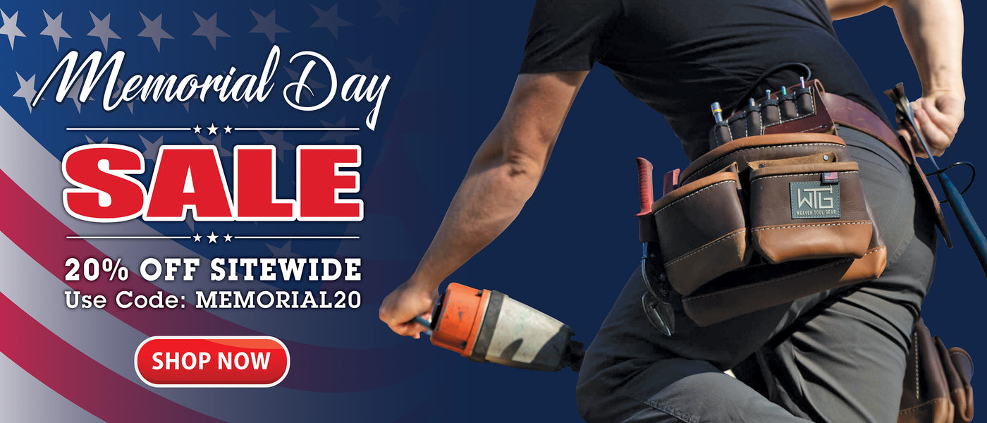 Memorial Day sale banner with 20% off sitewide promotion and tool belt